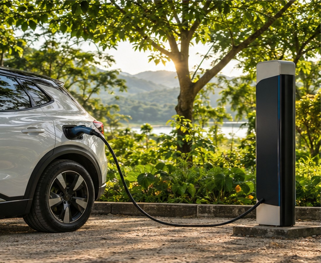 Electric vehicle at a charging station