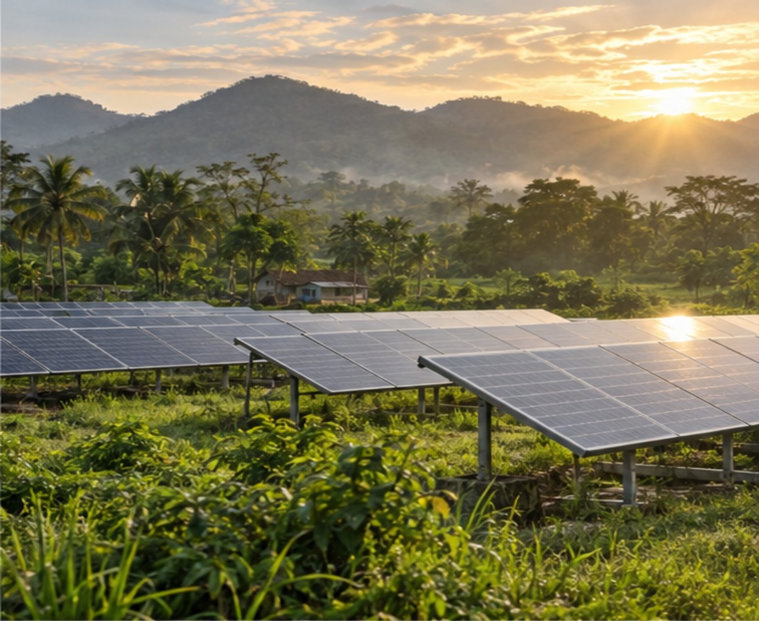 Solar panels in a green landscape