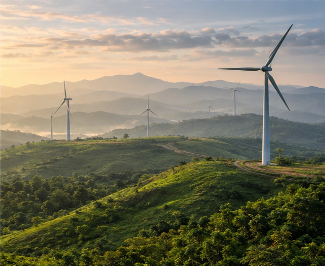 Wind turbines across green hills